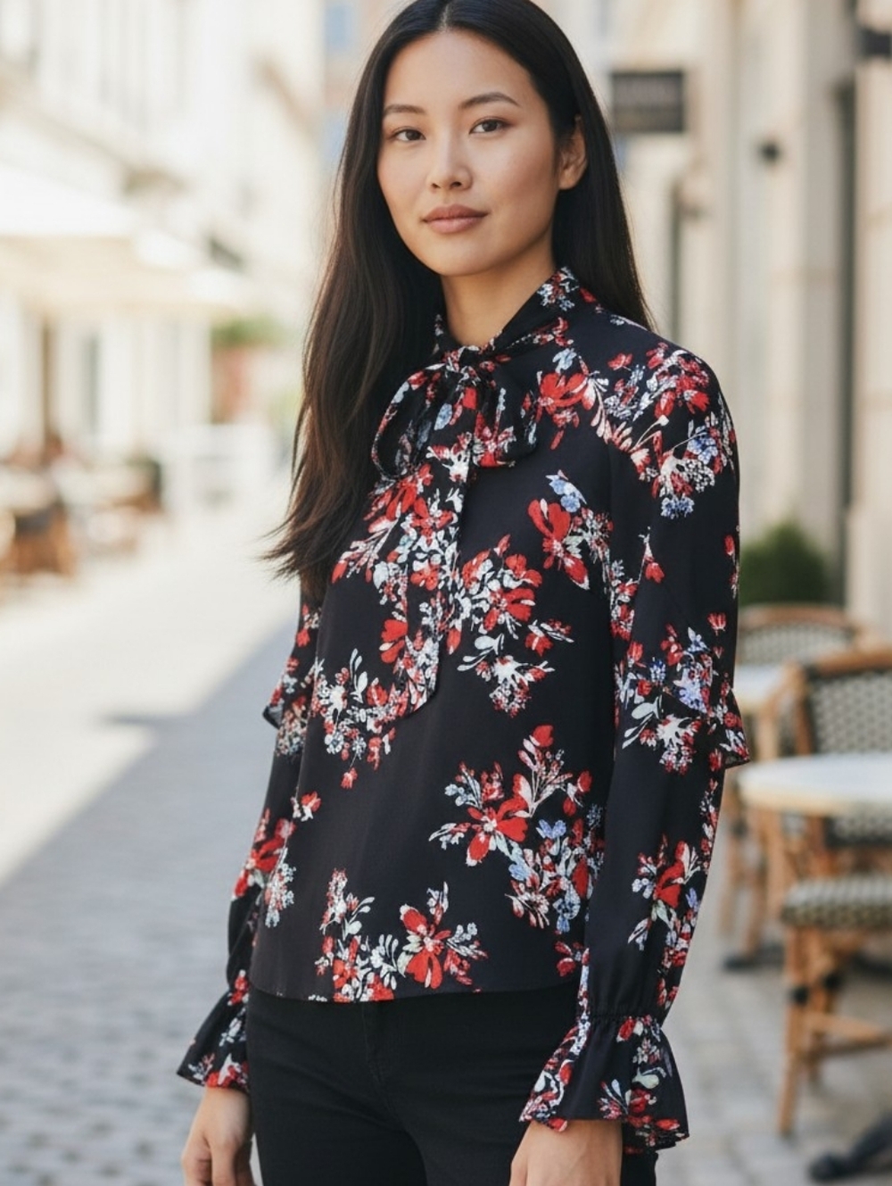 Lauren Ralph Lauren Black Multi Floral Tie-Neck Blouse Ruffle Trim Medium - Picture 10 of 10